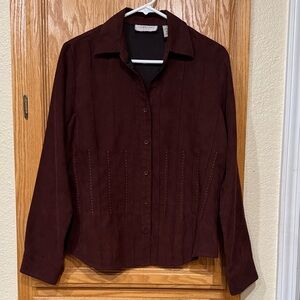LemonGrass Faux Suede Rich Brown/Burgundy Button-Up Blouse - Size Medium